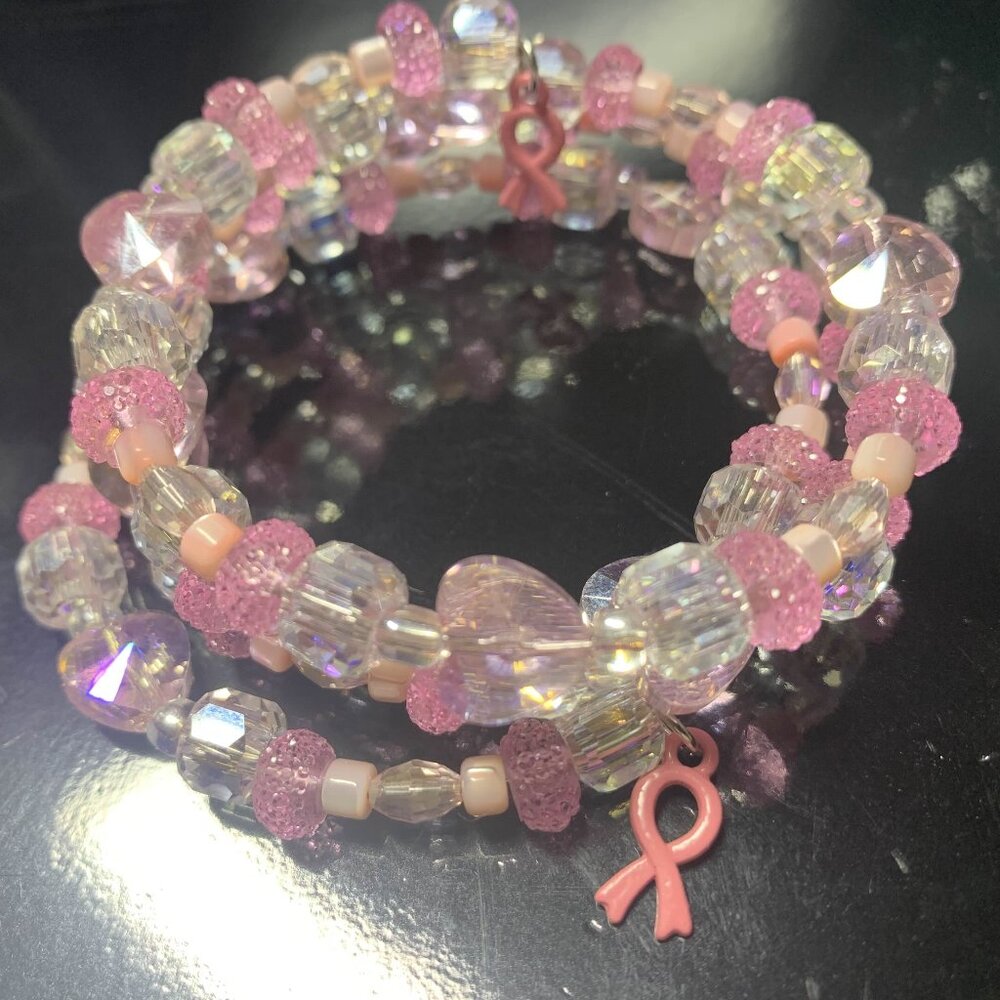 Pink Beaded Awareness Bracelet Set with Ribbon Charm